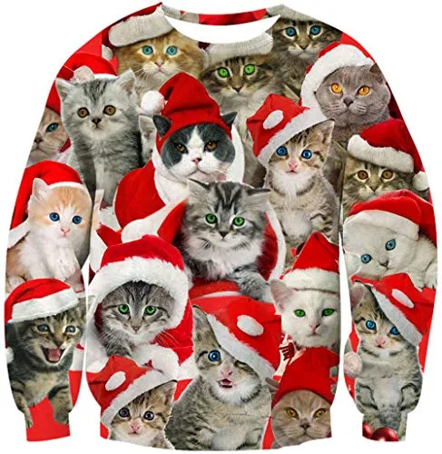 70s Adult Couple Ugly Christmas Sweater Oversized Cute Colorful Xmas Cats Family Pullover Funny Comfy Lovely Animal Sweatshirts Loose Geometric Winter Warm Blouse Long Sleeve Shirts Grey XL