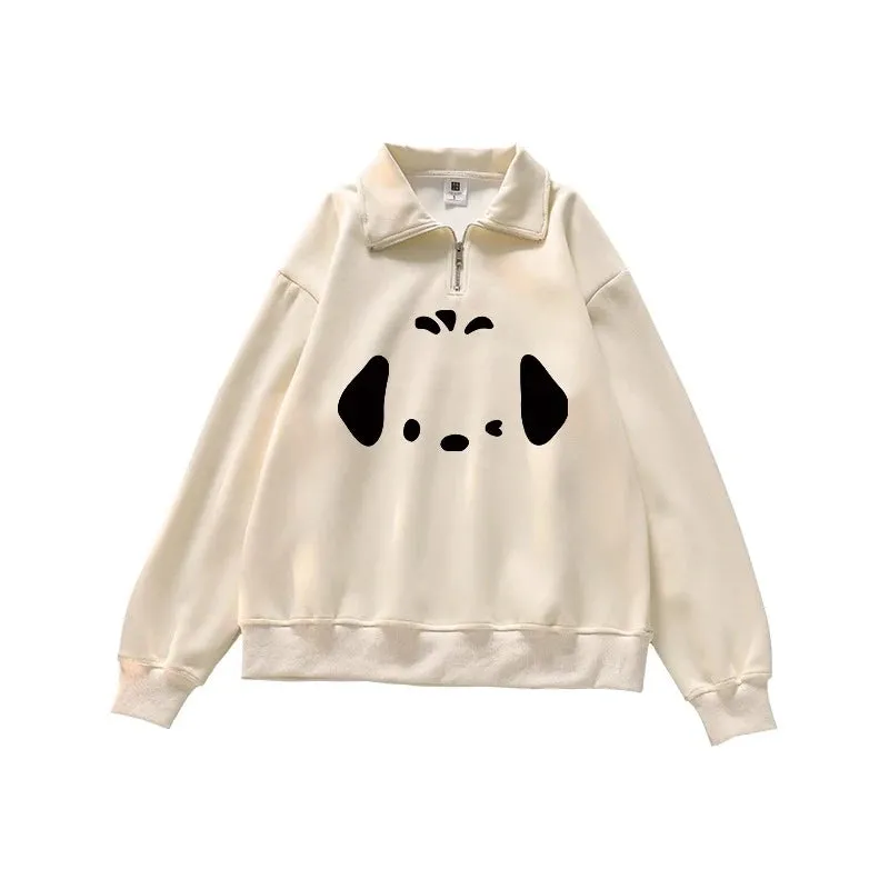 Apricot Cute Zipper Polo Neck Chicly Printing Women Hoodies Winter Pure Color Fashion Simple Casual Loose Female Hoodies