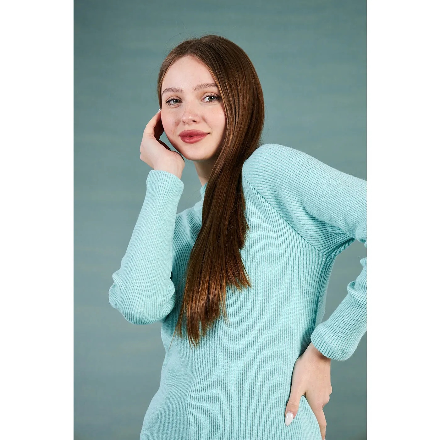 Aqua Ribbed Long Sweatshirt