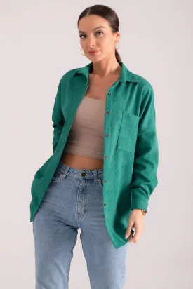 Armonika Women's Dark Green Pocket Oversize Slim Corduroy Shirt