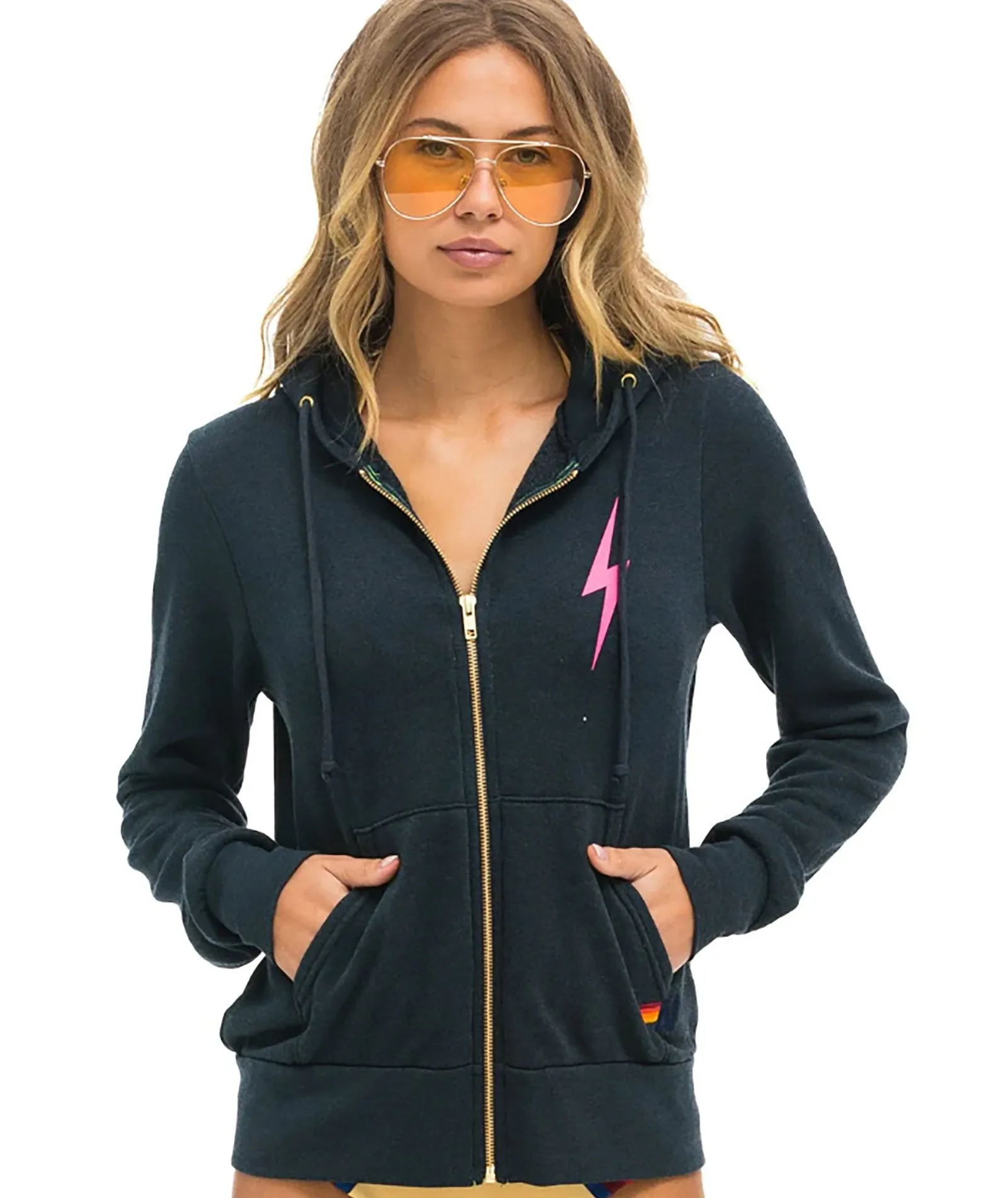 Aviator Nation Women Bolt 2 Zip Hoodie Charcoal/Neon Pink