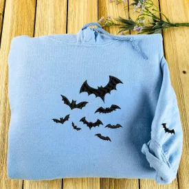 Bats Halloween Crewneck Sweatshirt, Embroidered Bats on Sleeve Hoodie for Men Women