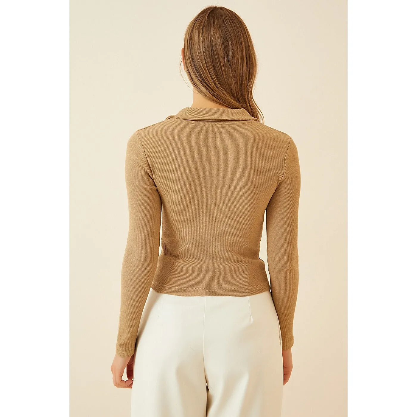 Beige Polo Corduroy Knitted Blouse