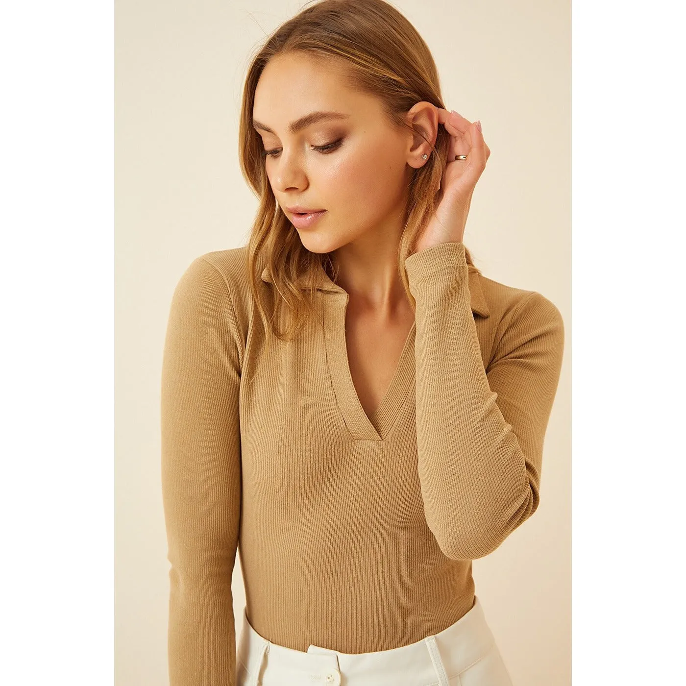 Beige Polo Corduroy Knitted Blouse