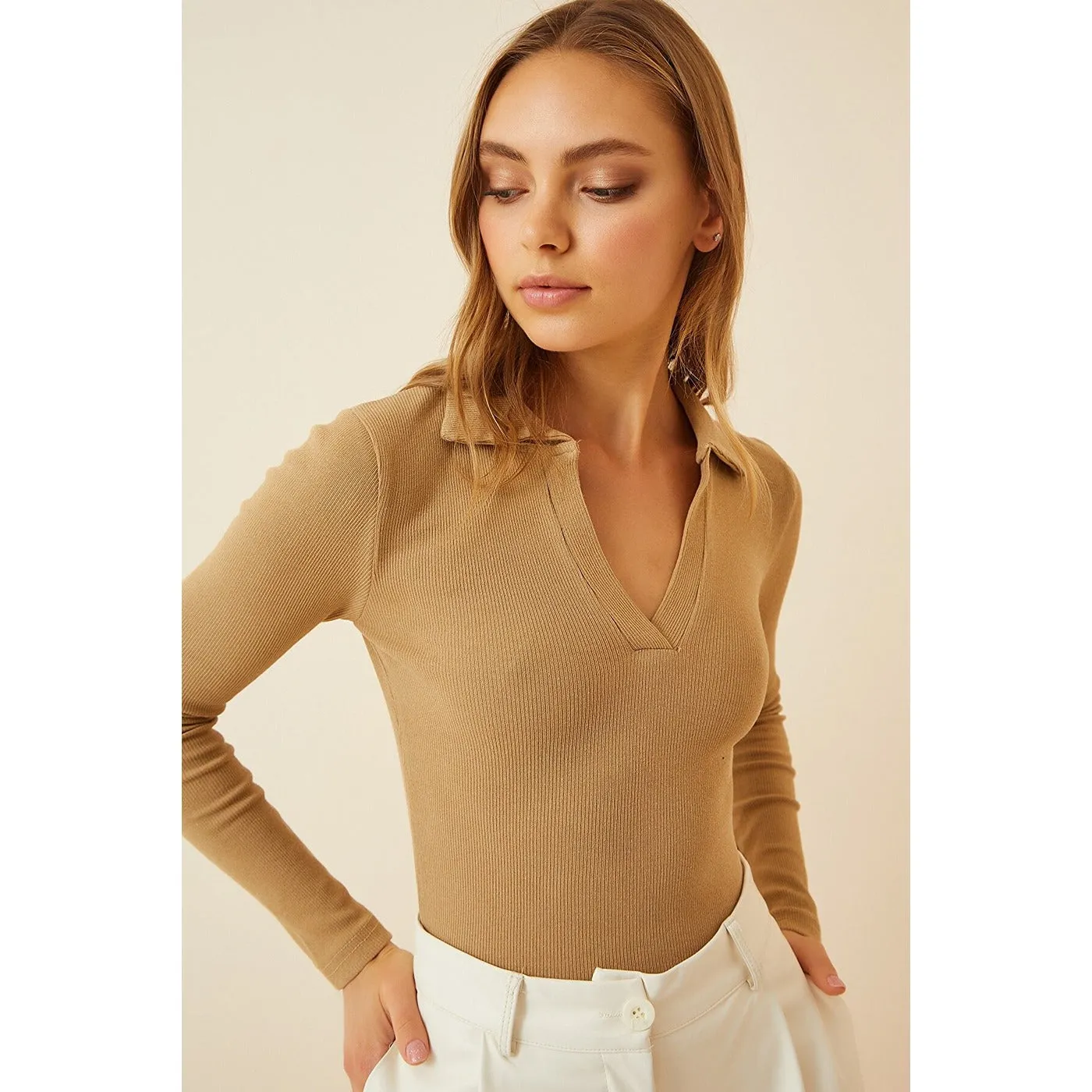 Beige Polo Corduroy Knitted Blouse