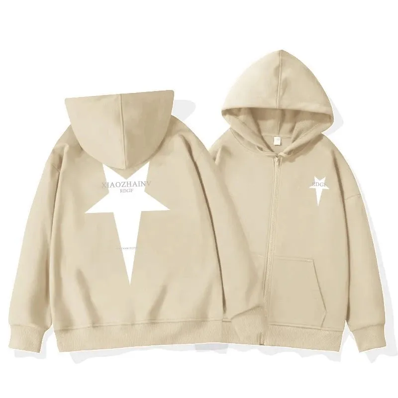 Casual Hooded Chicly Printing Drawstring Women Hoodies Basic Simple Loose Solid Color Fashion Zip-up Top Female Hoodies