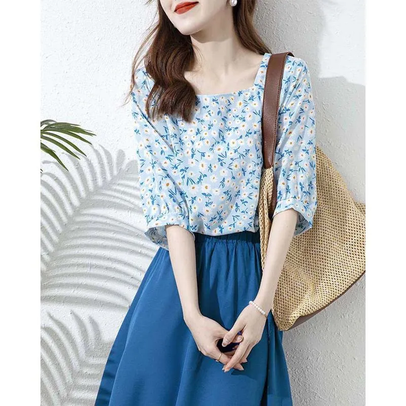 Chiffon Exquisite Niche Floral Print Half-Sleeve Versatile Blouse