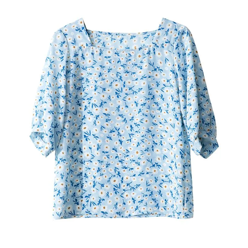 Chiffon Exquisite Niche Floral Print Half-Sleeve Versatile Blouse