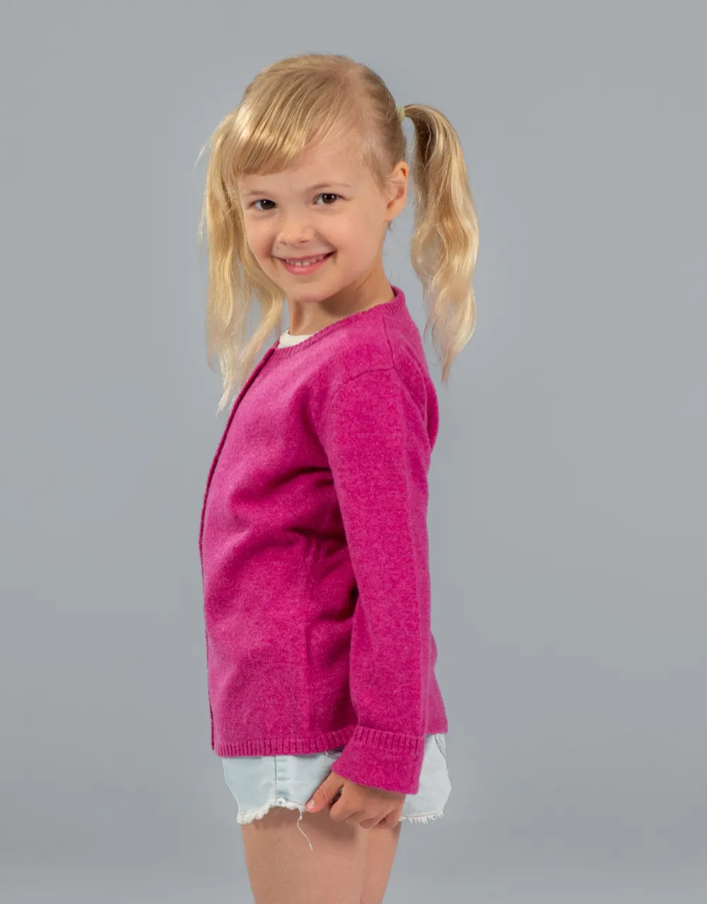 Classic Girls Crew Neck Cashmere Cardigan in Berry