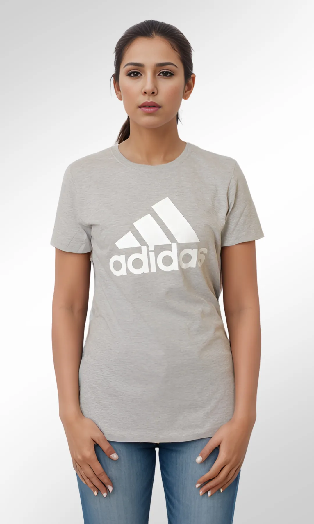 Crew Neck Women T-Shirts (Light Grey-Big Logo Print)