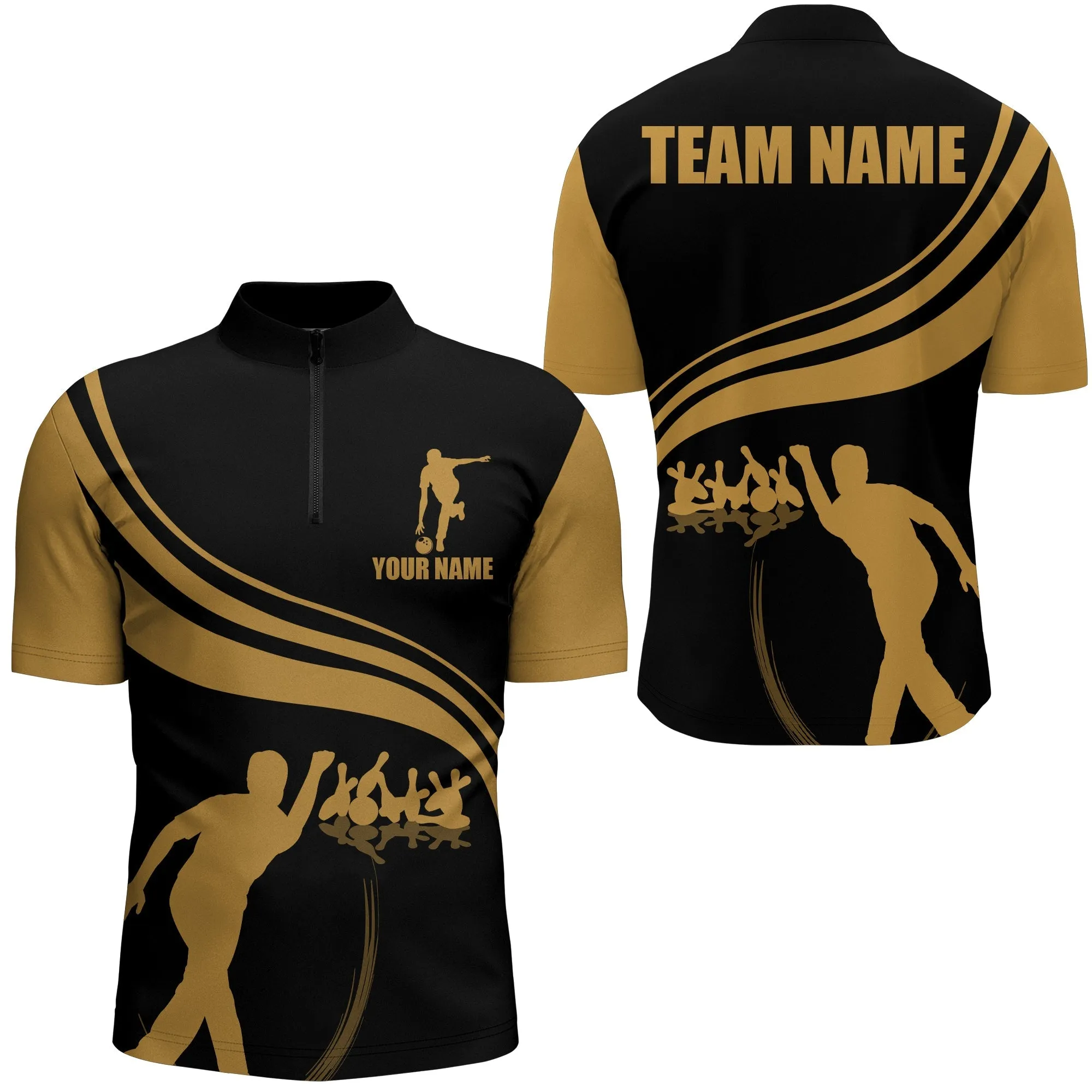 Custom Bowling Shirt for Men, Quarter-Zip Shirt Black and Gold Men Bowlers Jersey Custom Bowling Team