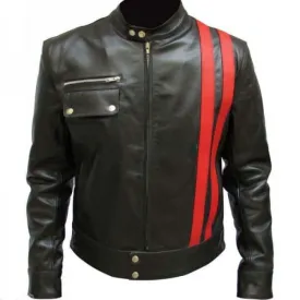 Designer Black Real Leather Biker Jacket Men's Red Stripes