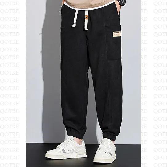 Drawstring Tapered Bellows Pocket Suede Versatile Sweatpant