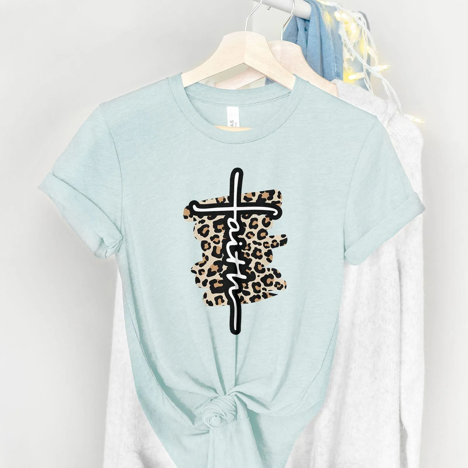 Faith Cross Leopard Tee Shirts For Women - Christian Shirts for Women - Religious Tee Shirts