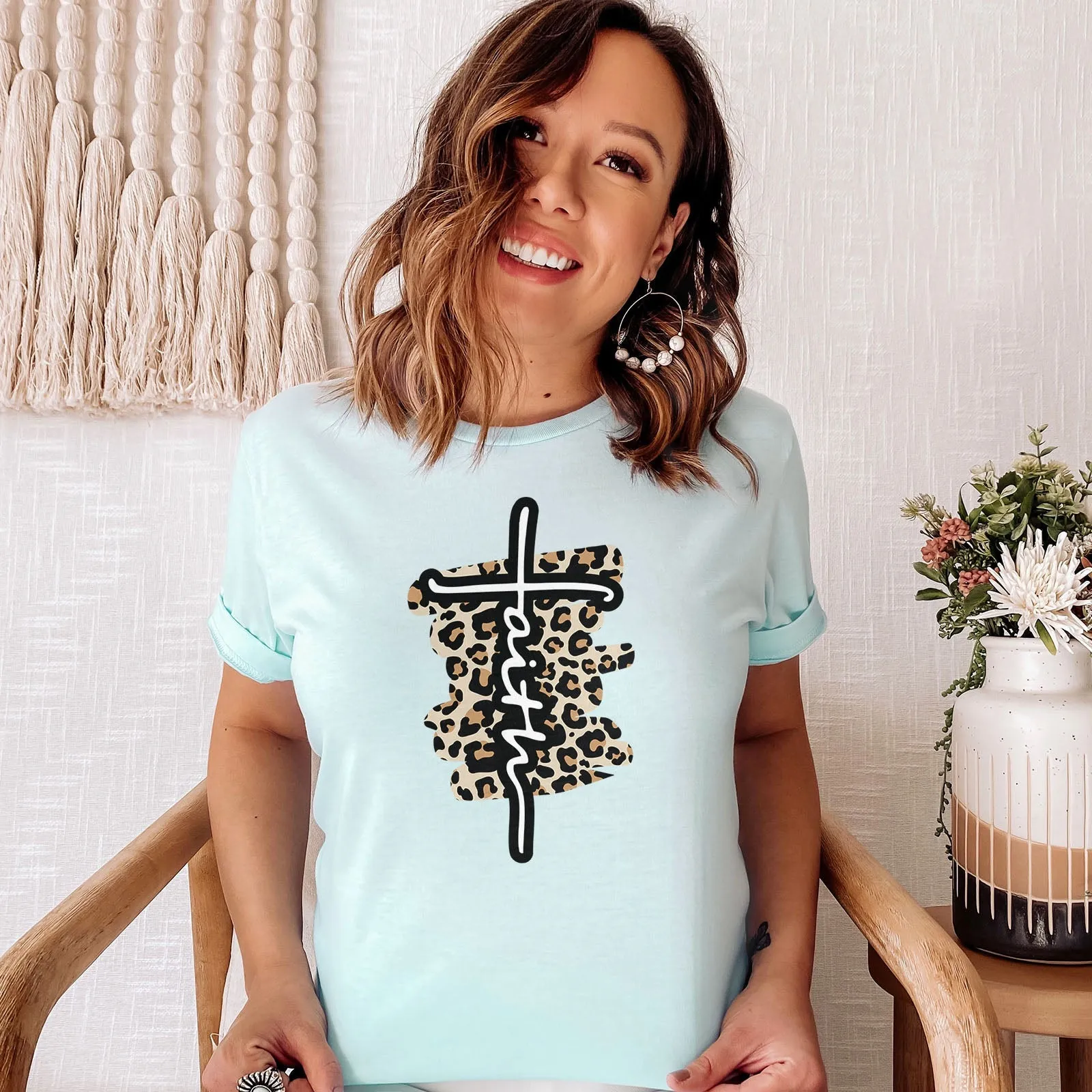 Faith Cross Leopard Tee Shirts For Women - Christian Shirts for Women - Religious Tee Shirts