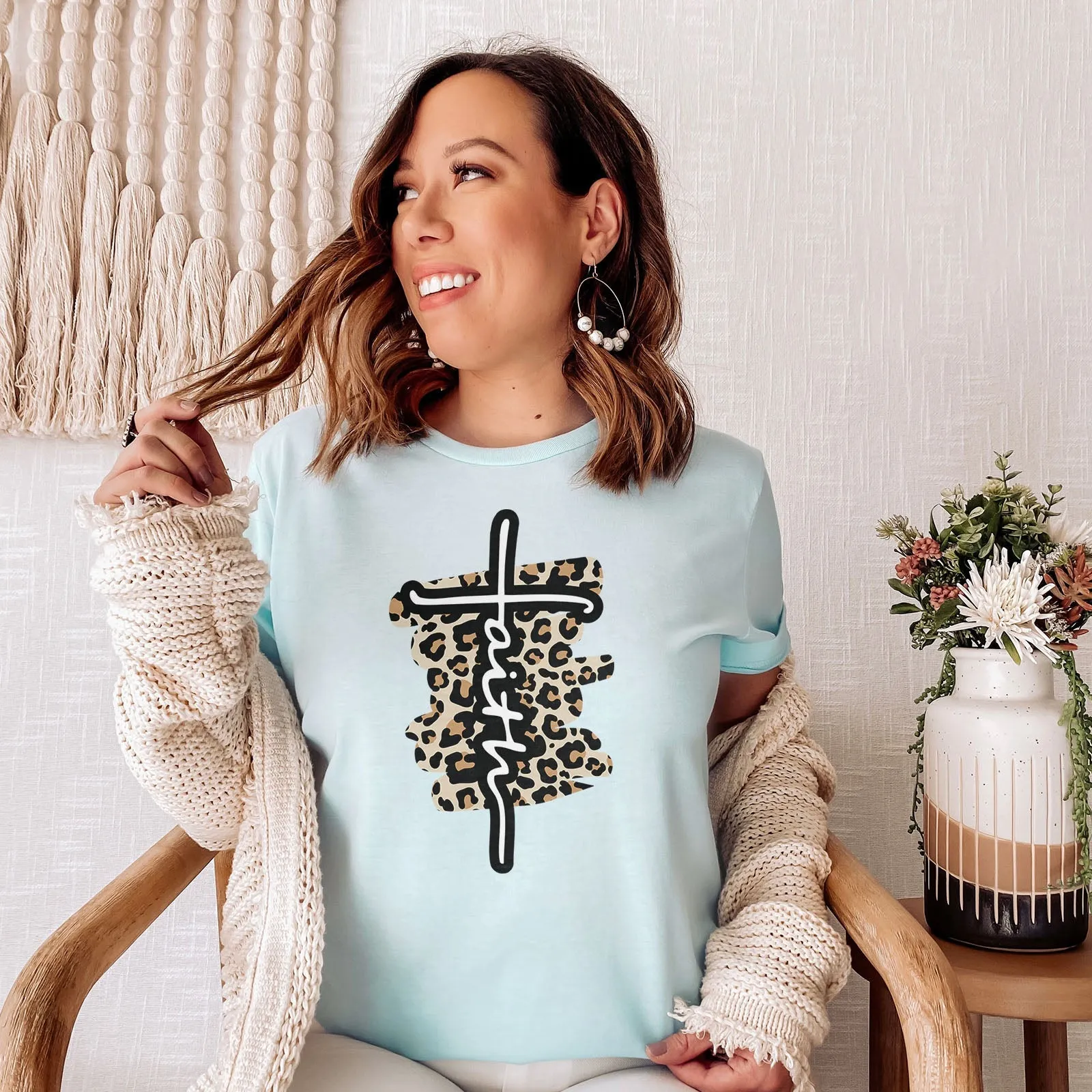 Faith Cross Leopard Tee Shirts For Women - Christian Shirts for Women - Religious Tee Shirts