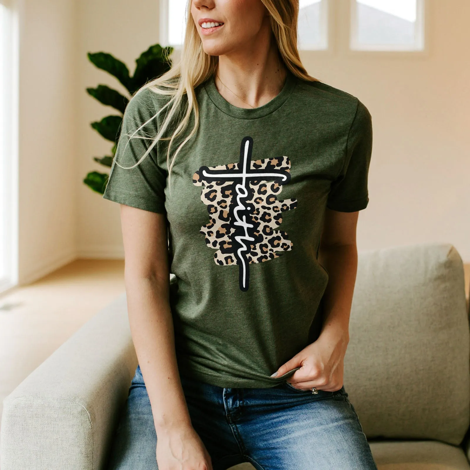 Faith Cross Leopard Tee Shirts For Women - Christian Shirts for Women - Religious Tee Shirts