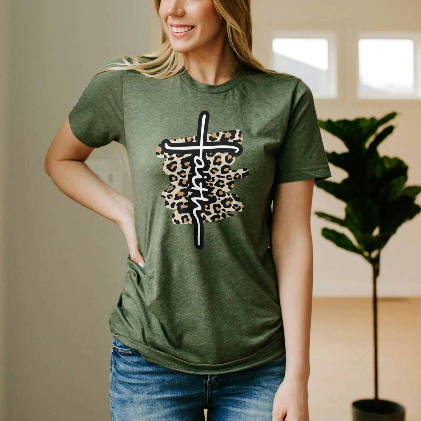 Faith Cross Leopard Tee Shirts For Women - Christian Shirts for Women - Religious Tee Shirts