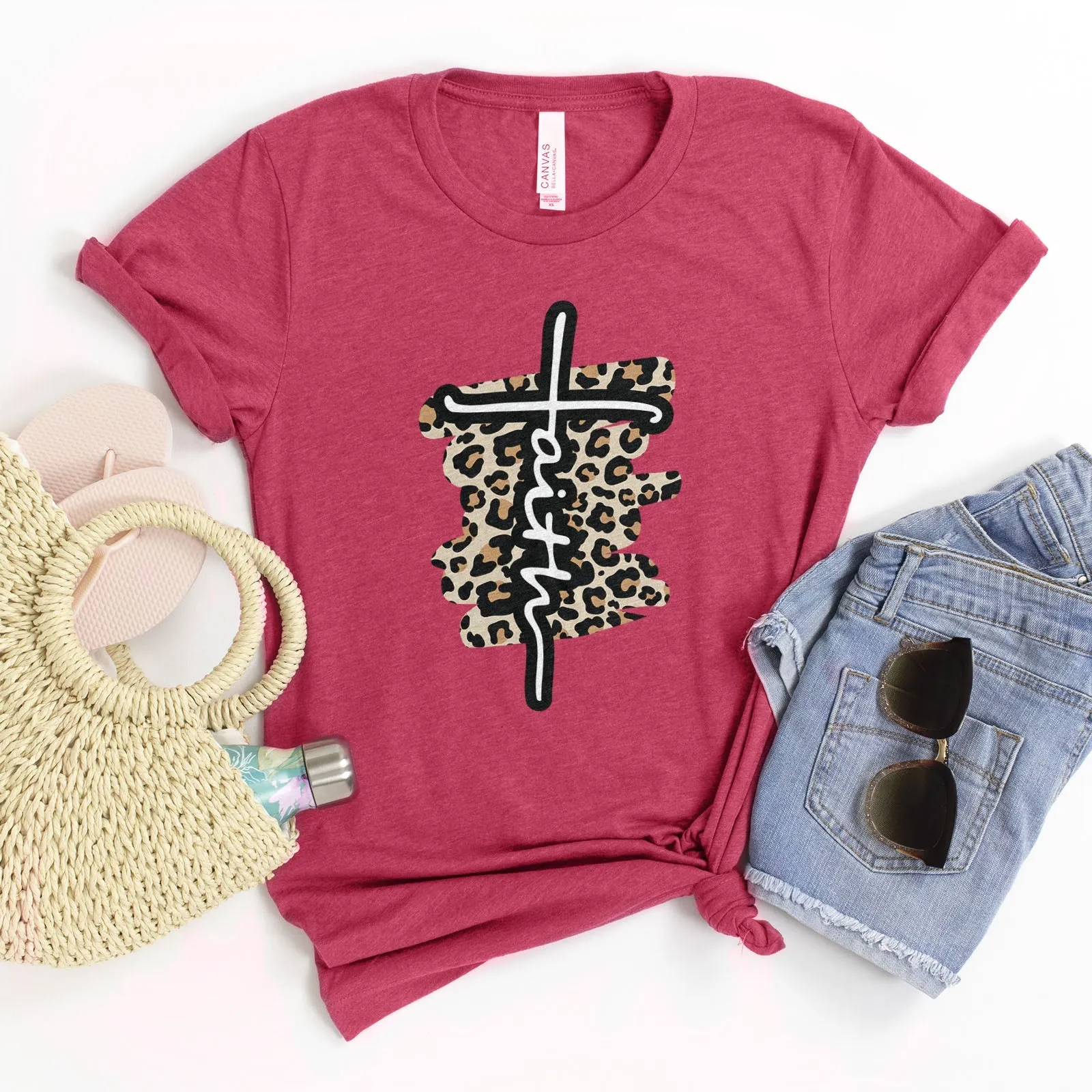 Faith Cross Leopard Tee Shirts For Women - Christian Shirts for Women - Religious Tee Shirts