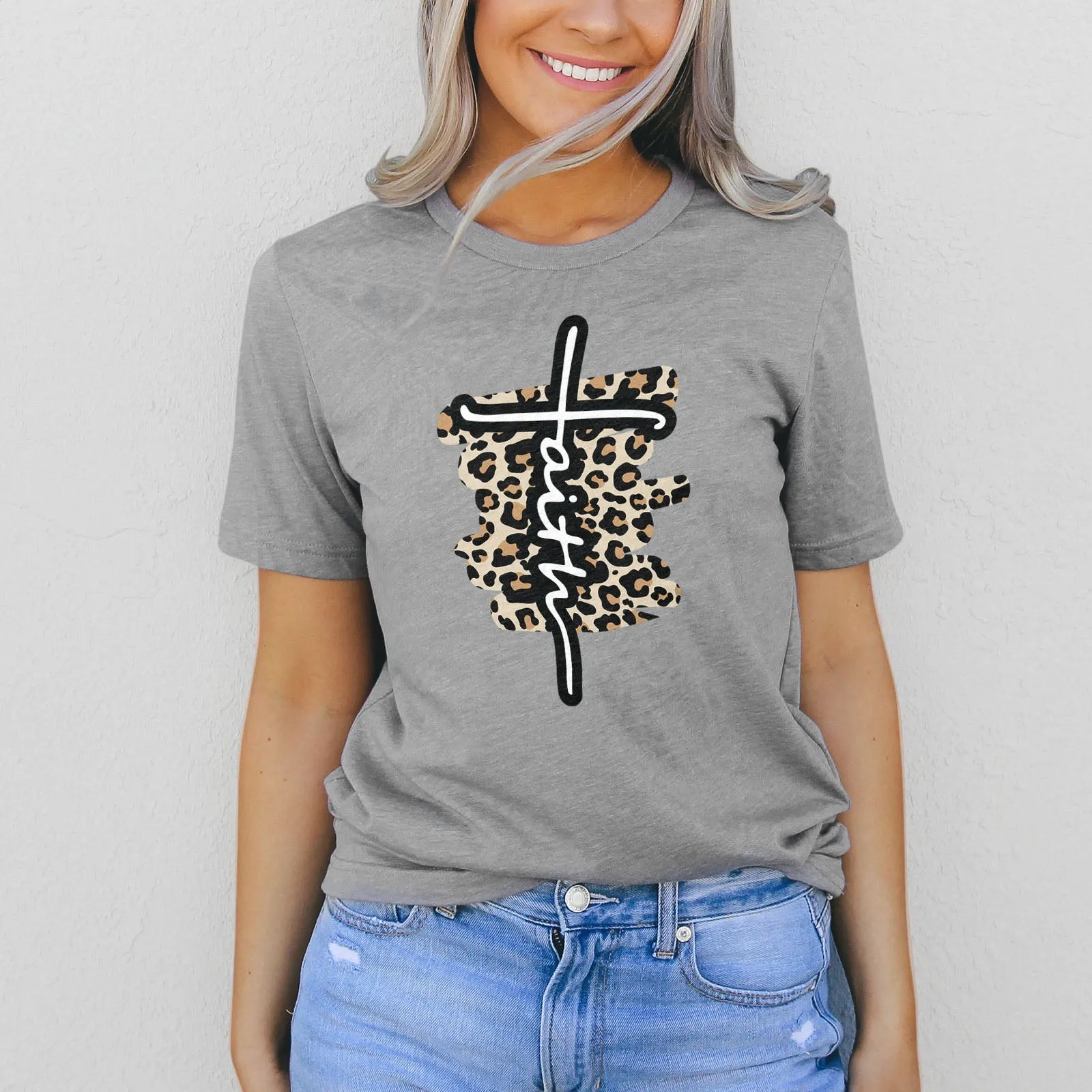 Faith Cross Leopard Tee Shirts For Women - Christian Shirts for Women - Religious Tee Shirts