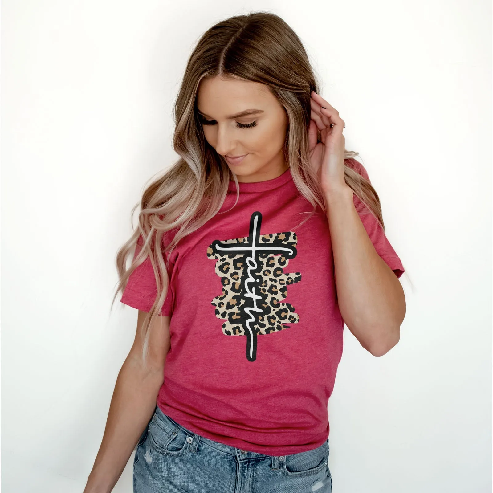 Faith Cross Leopard Tee Shirts For Women - Christian Shirts for Women - Religious Tee Shirts