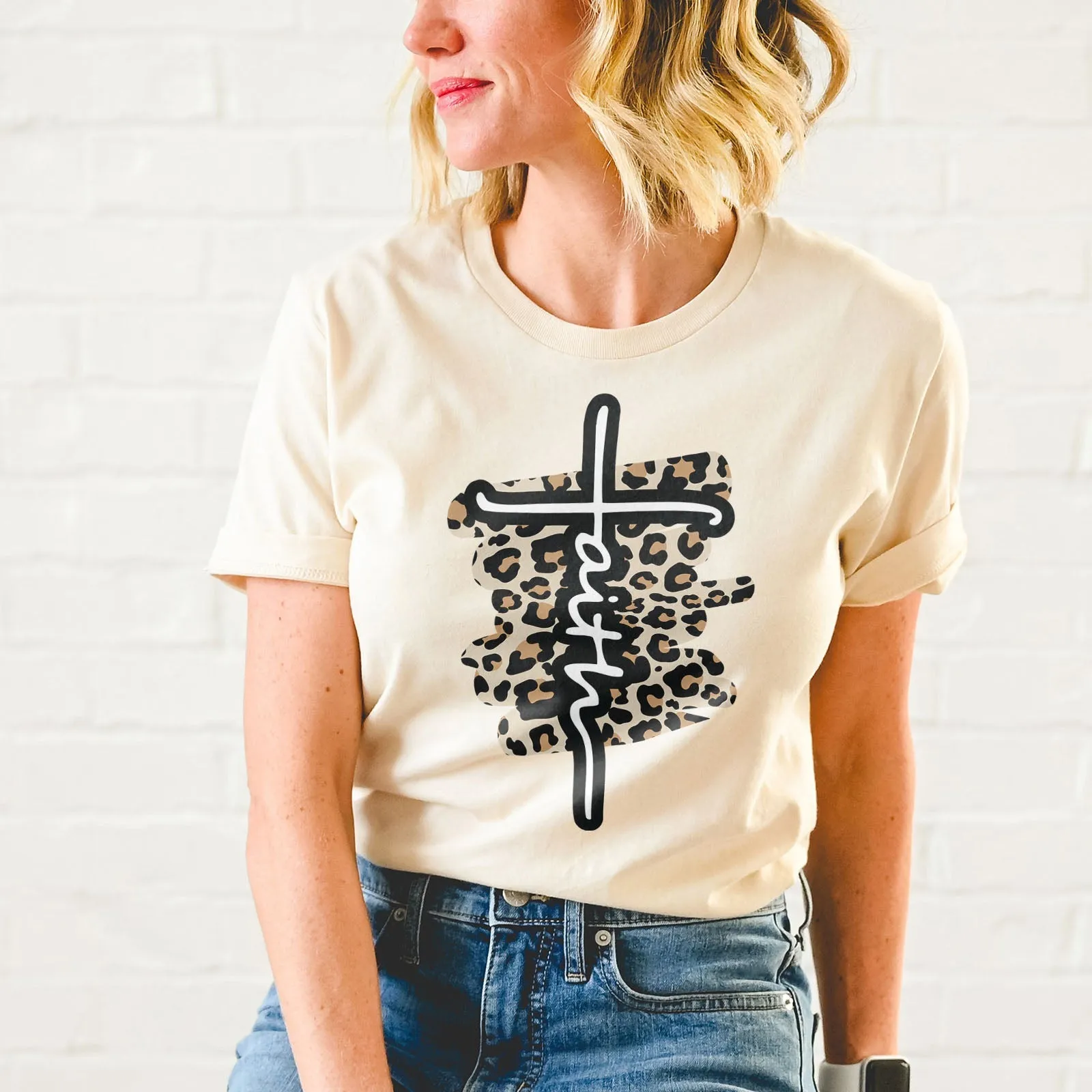 Faith Cross Leopard Tee Shirts For Women - Christian Shirts for Women - Religious Tee Shirts