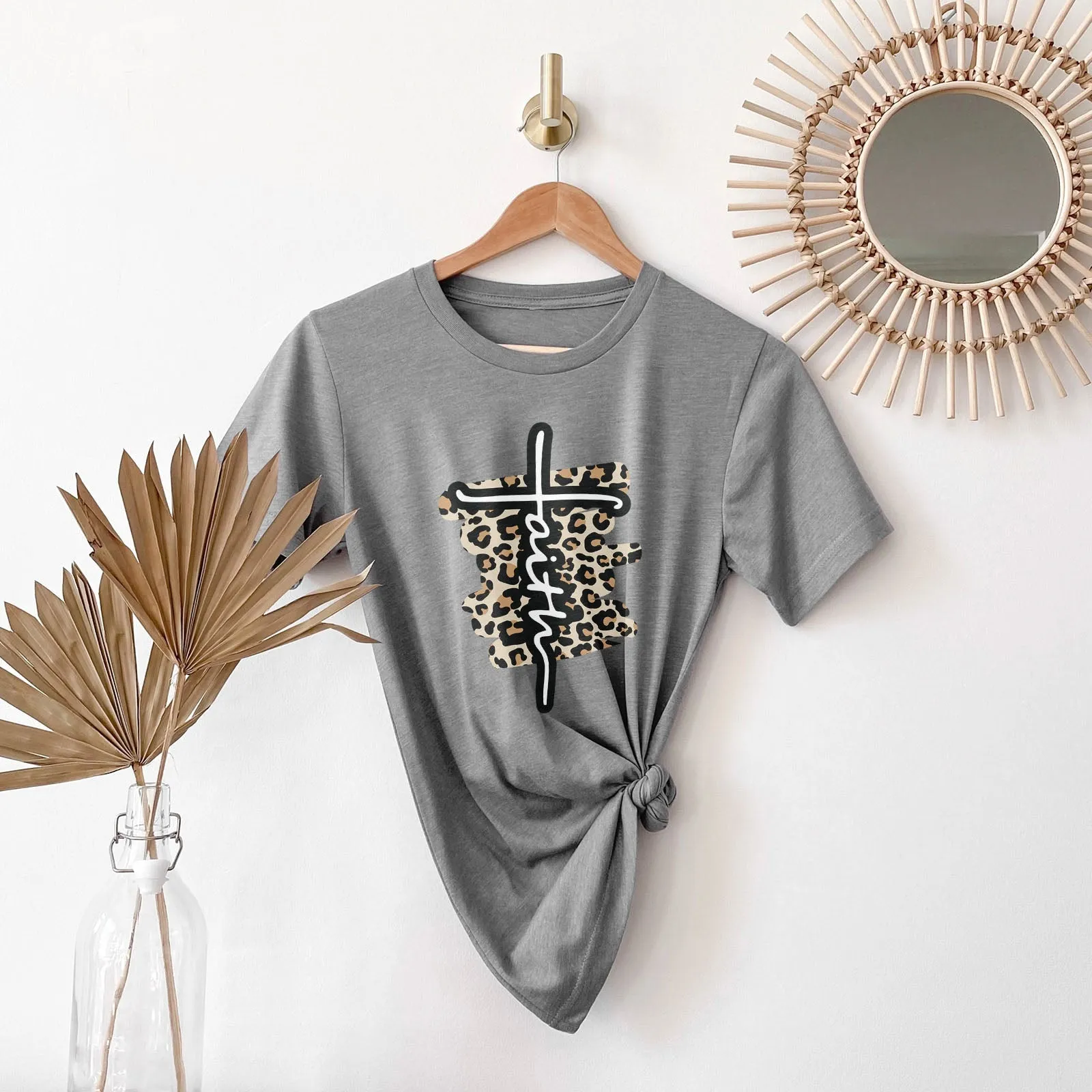 Faith Cross Leopard Tee Shirts For Women - Christian Shirts for Women - Religious Tee Shirts