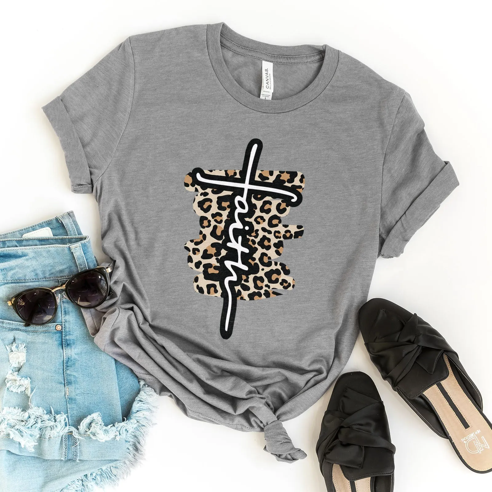 Faith Cross Leopard Tee Shirts For Women - Christian Shirts for Women - Religious Tee Shirts