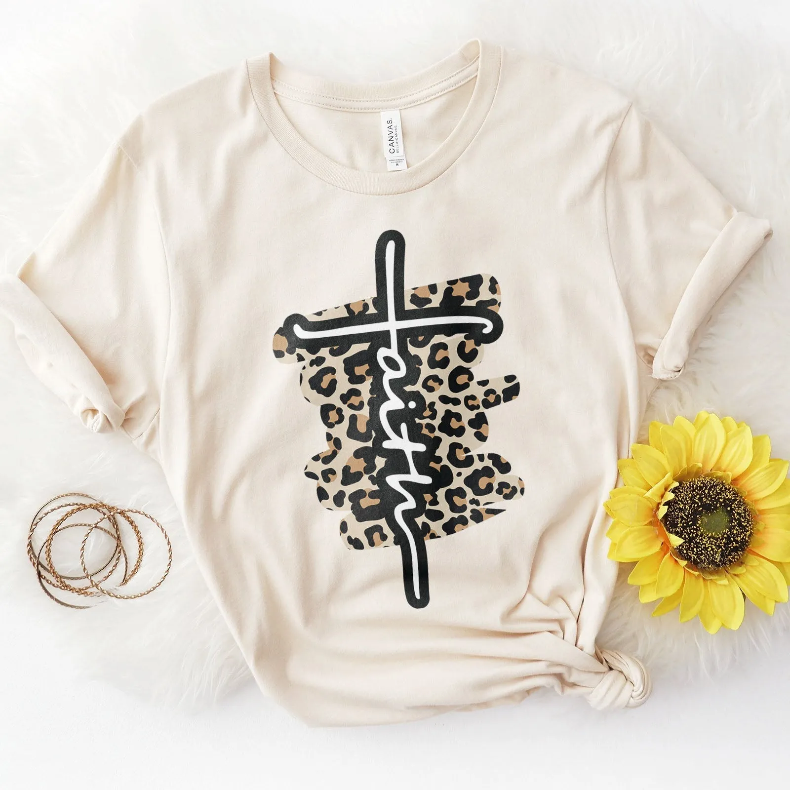 Faith Cross Leopard Tee Shirts For Women - Christian Shirts for Women - Religious Tee Shirts