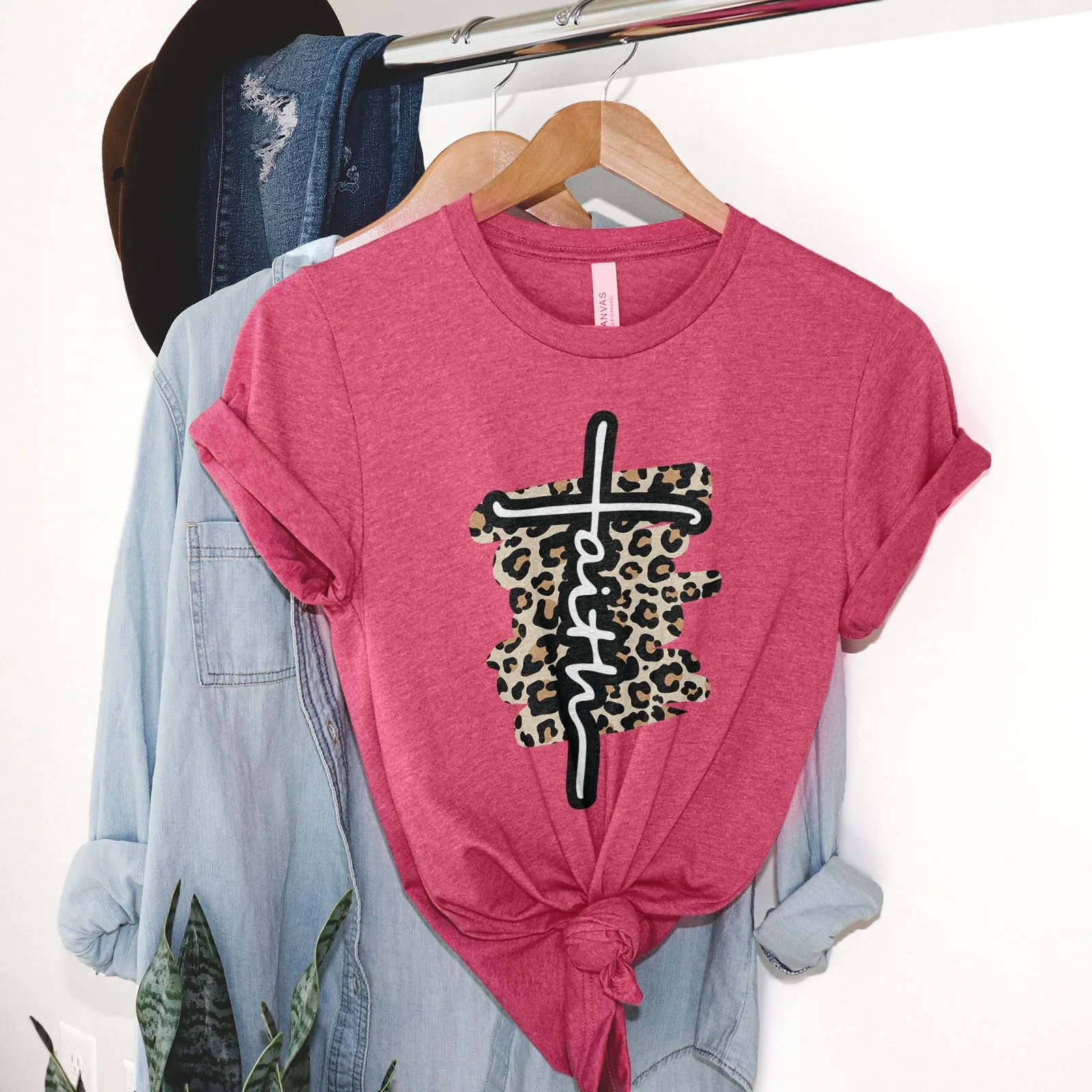 Faith Cross Leopard Tee Shirts For Women - Christian Shirts for Women - Religious Tee Shirts