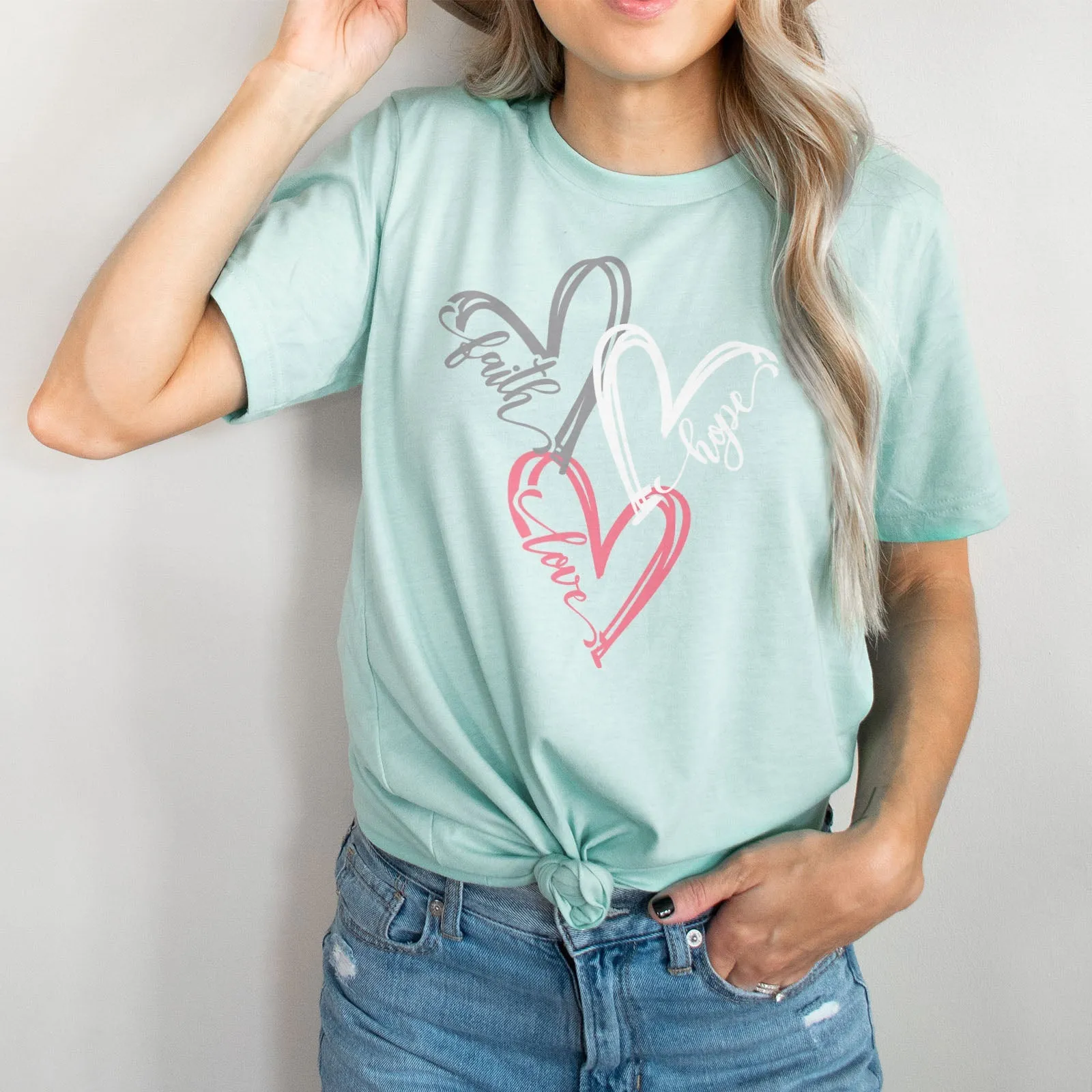 Faith Hope Love Hearts Tee Shirts For Women - Christian Shirts for Women - Religious Tee Shirts