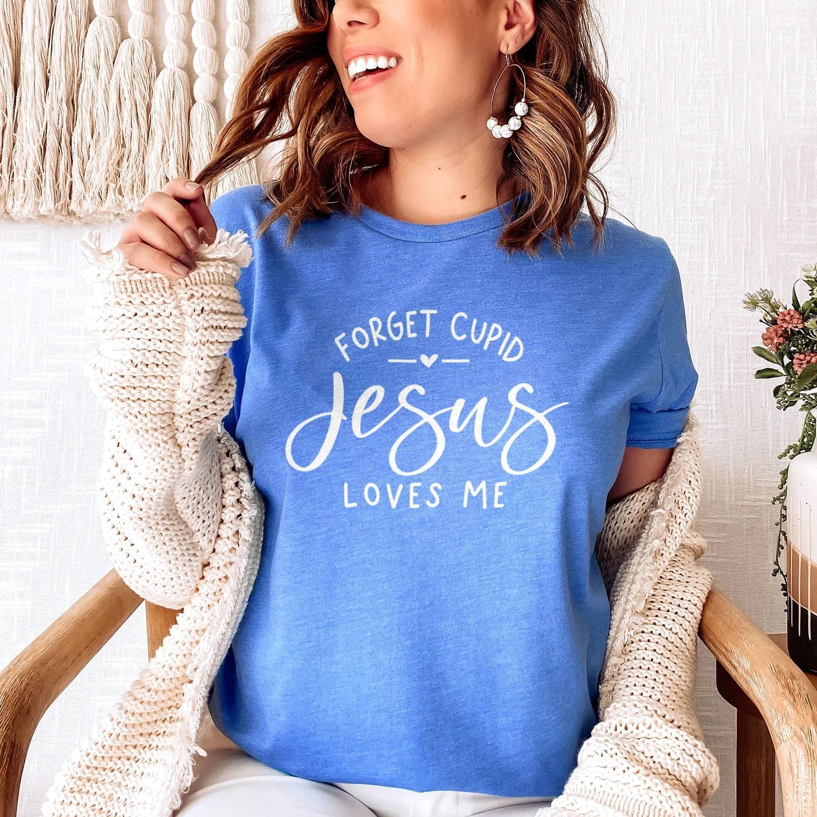 Forget Cupid Jesus Loves Me Tee Shirts For Women - Christian Shirts for Women - Religious Tee Shirts