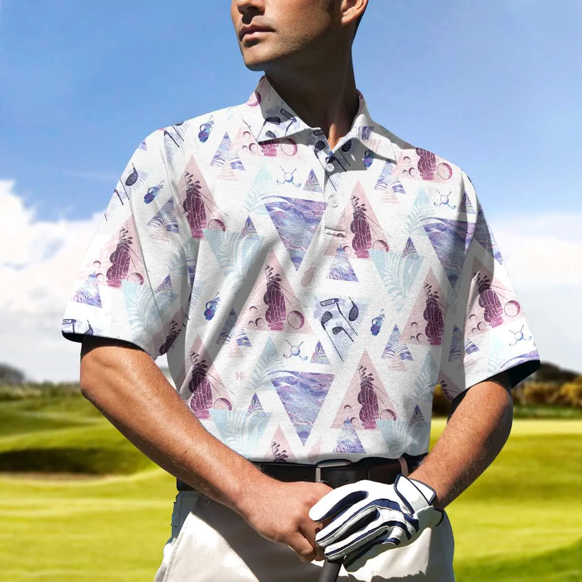 Geometric Triangle Pattern Short Sleeve Golf Polo Shirt, Are You Looking At My Putt Polo Shirt, Funny Golf Shirt For Men Coolspod