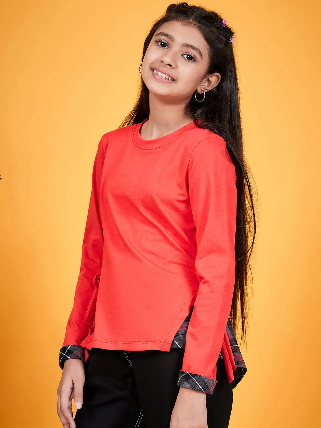 Girls Round Neck Tie-Ups Cotton High-Low Top