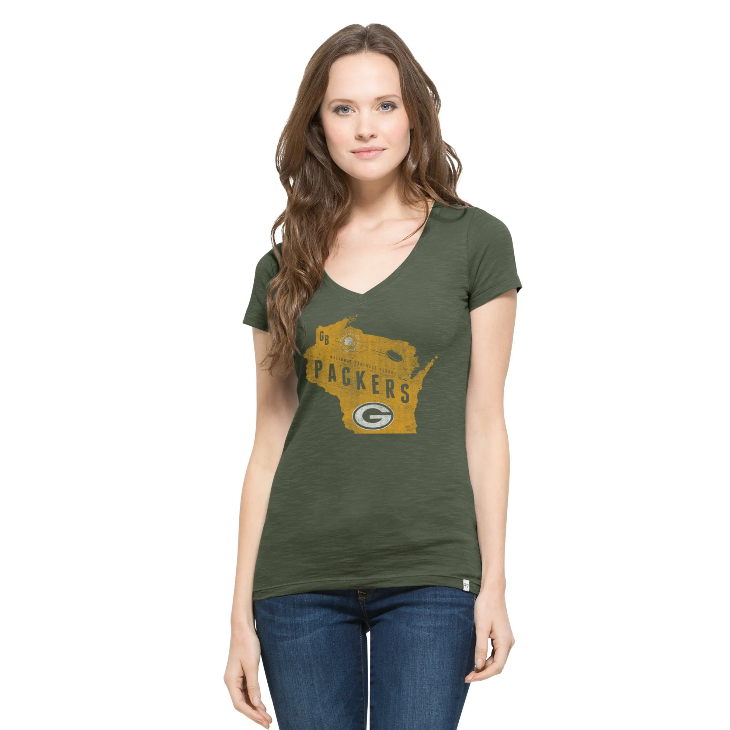 Green Bay Packers Bottle Green Women's V-Neck Scrum Tee