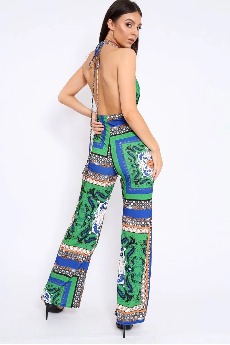 Green Scarf Print Backless Jumpsuit - Winslet