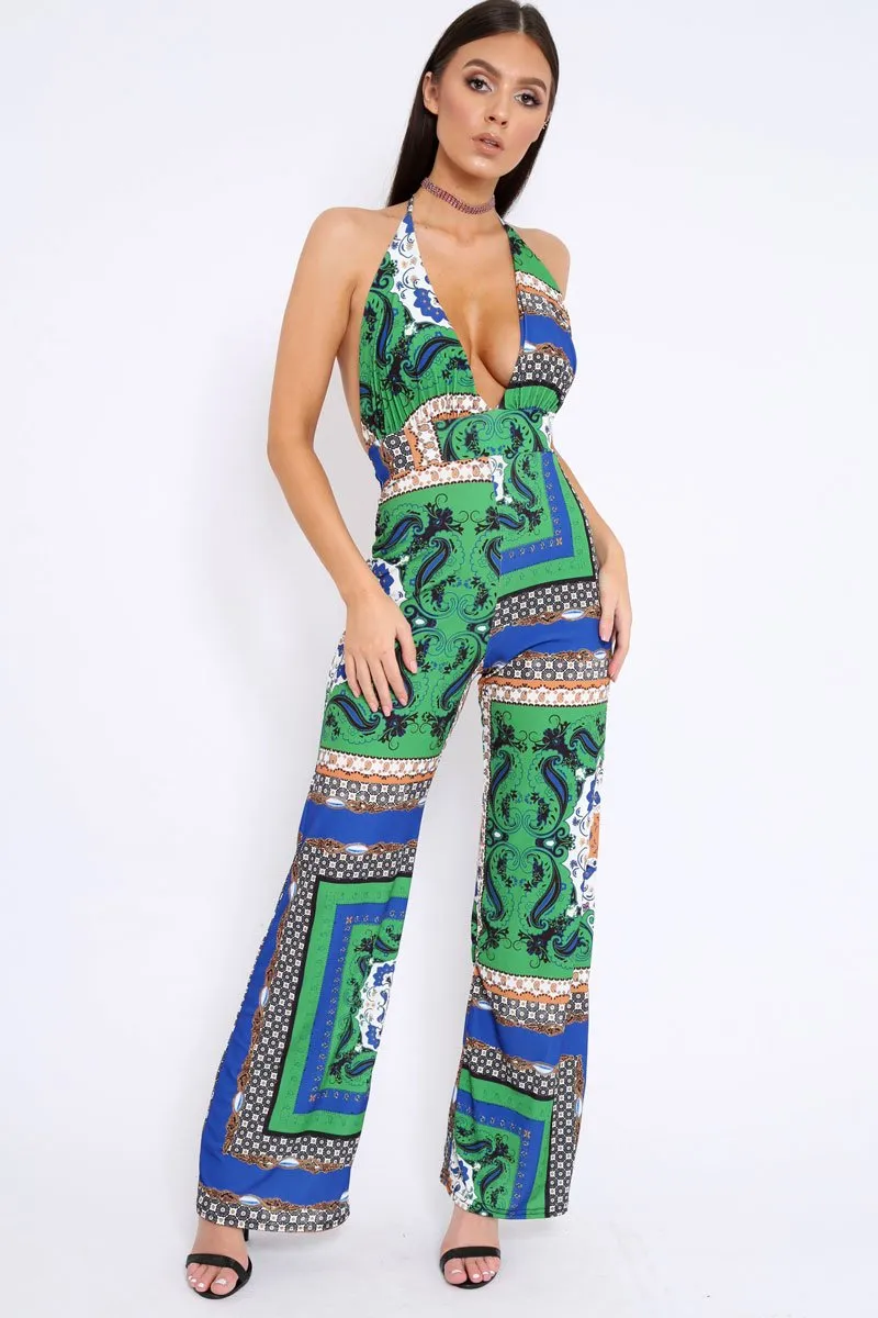 Green Scarf Print Backless Jumpsuit - Winslet