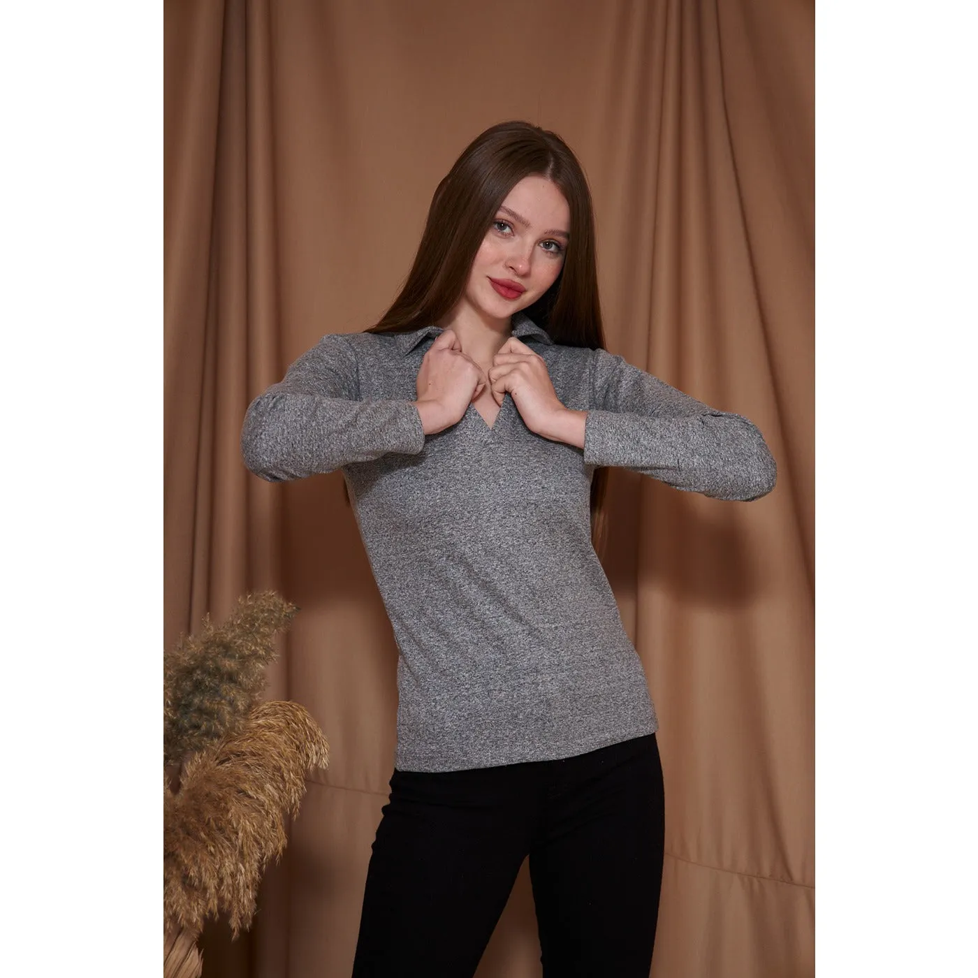 Grey Melange Polo Sweatshirt