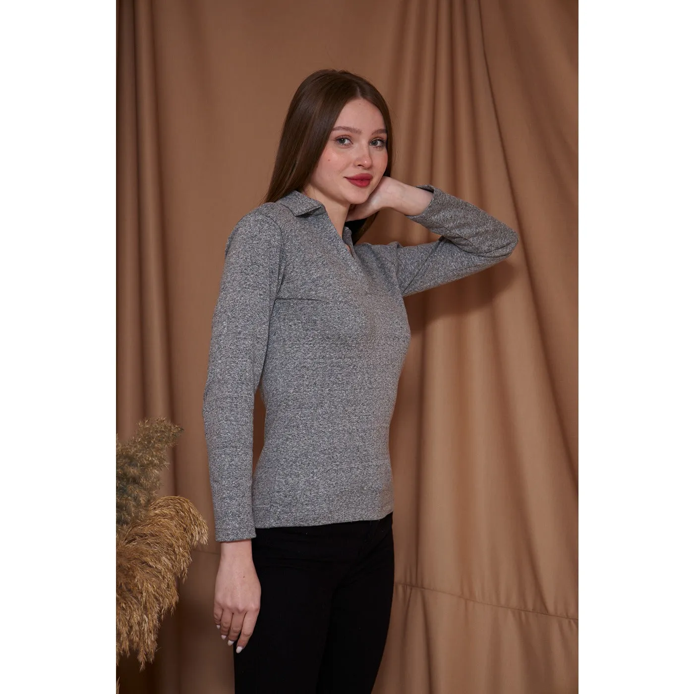 Grey Melange Polo Sweatshirt