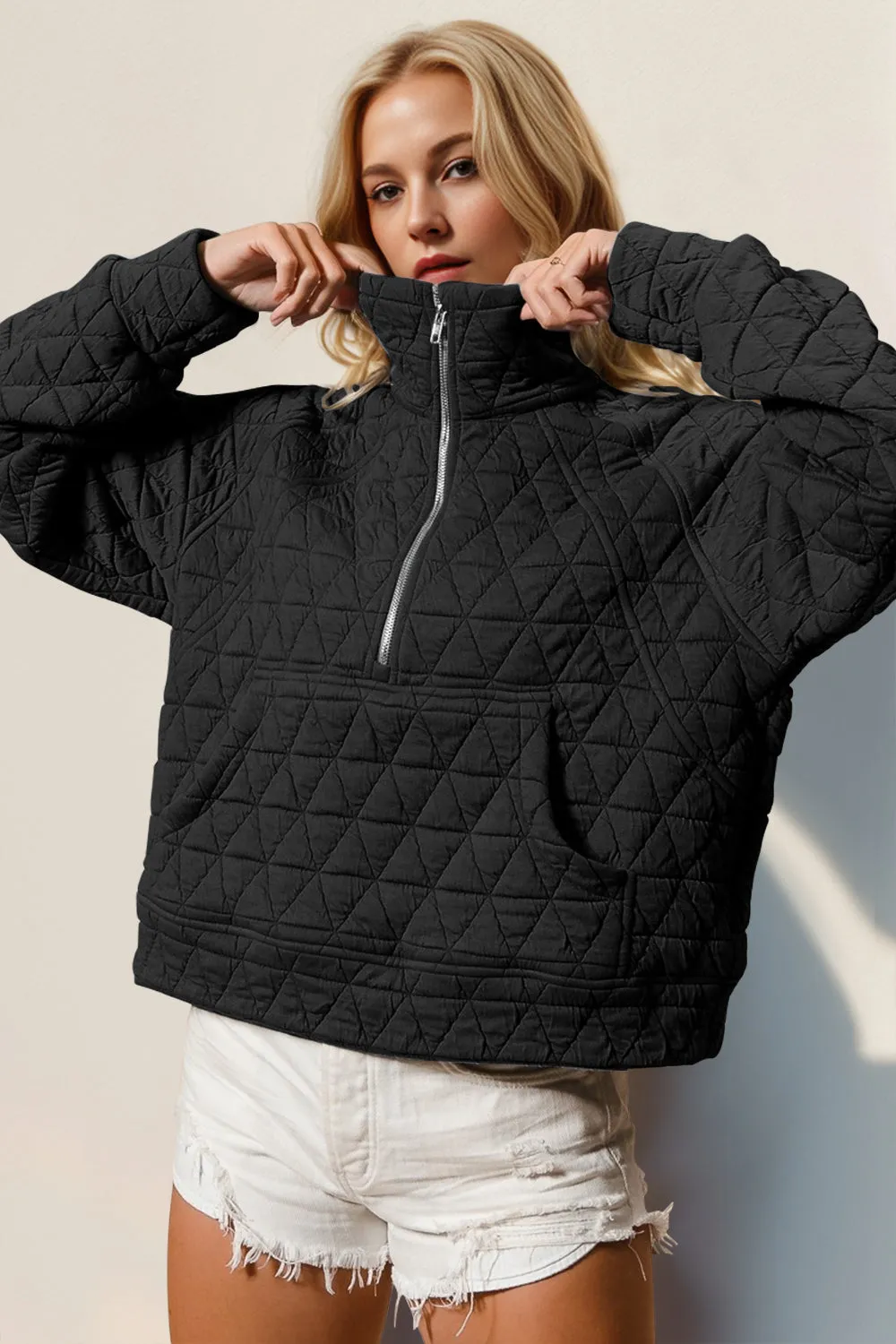 Half Zip Long Sleeve Quilted Sweatshirt with Pocket