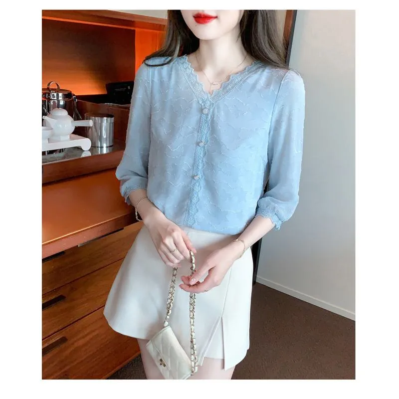 Lace Anti-Aging Lace V-Neck Chiffon Blouse