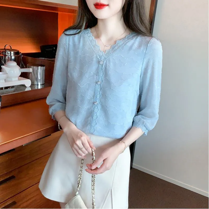 Lace Anti-Aging Lace V-Neck Chiffon Blouse