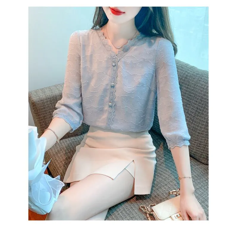 Lace Anti-Aging Lace V-Neck Chiffon Blouse