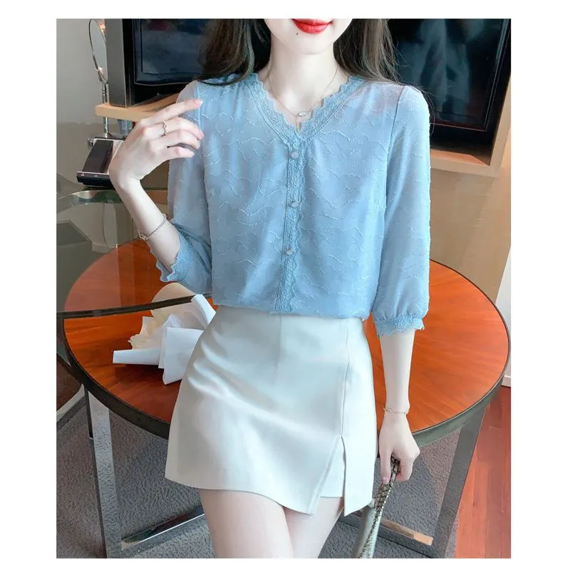 Lace Anti-Aging Lace V-Neck Chiffon Blouse