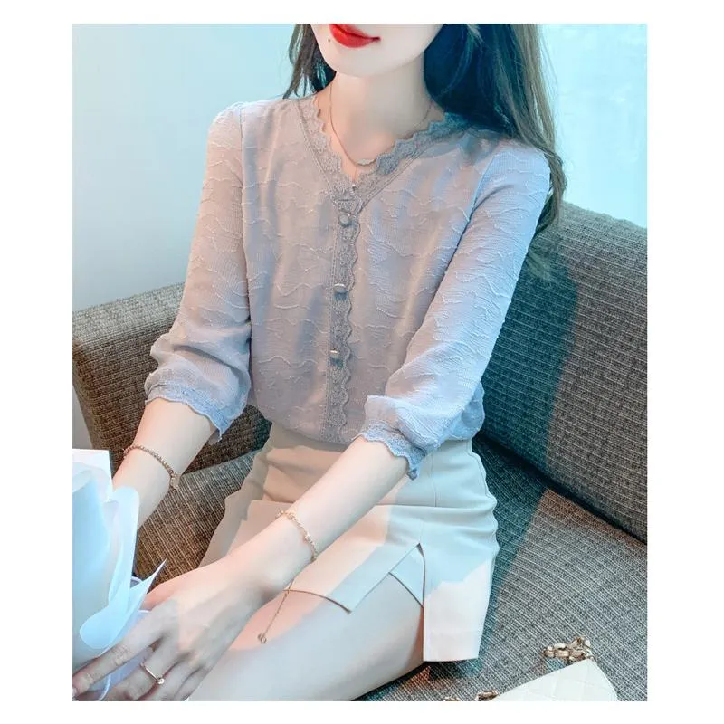 Lace Anti-Aging Lace V-Neck Chiffon Blouse