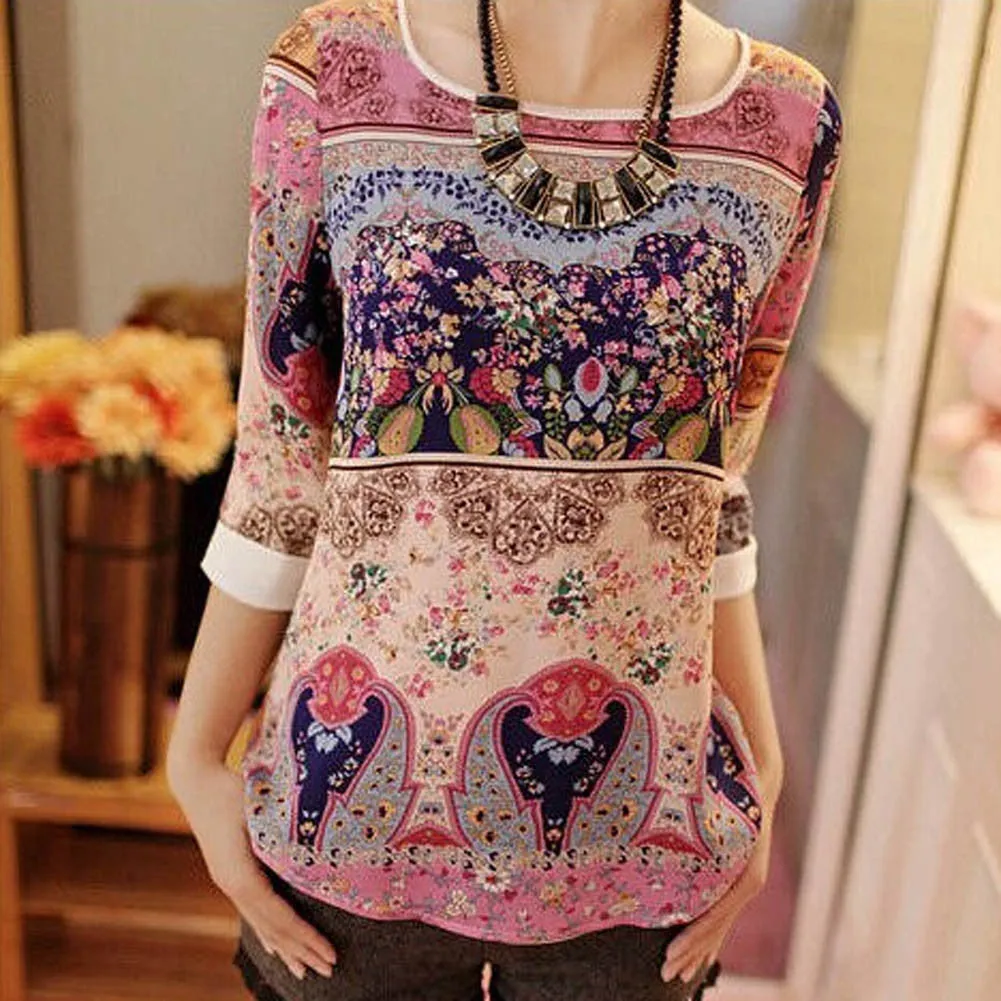 Lace Printing Three Quarter Puff Sleeves Round-neck Loose Tops Garment Summer Casual Wear For Women Ladies Blouses