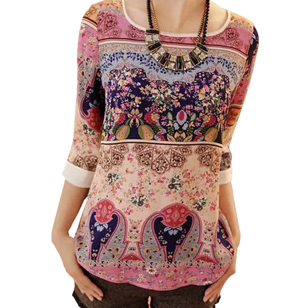 Lace Printing Three Quarter Puff Sleeves Round-neck Loose Tops Garment Summer Casual Wear For Women Ladies Blouses