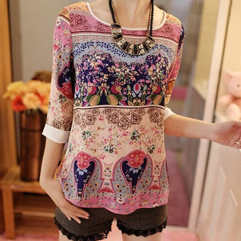 Lace Printing Three Quarter Puff Sleeves Round-neck Loose Tops Garment Summer Casual Wear For Women Ladies Blouses