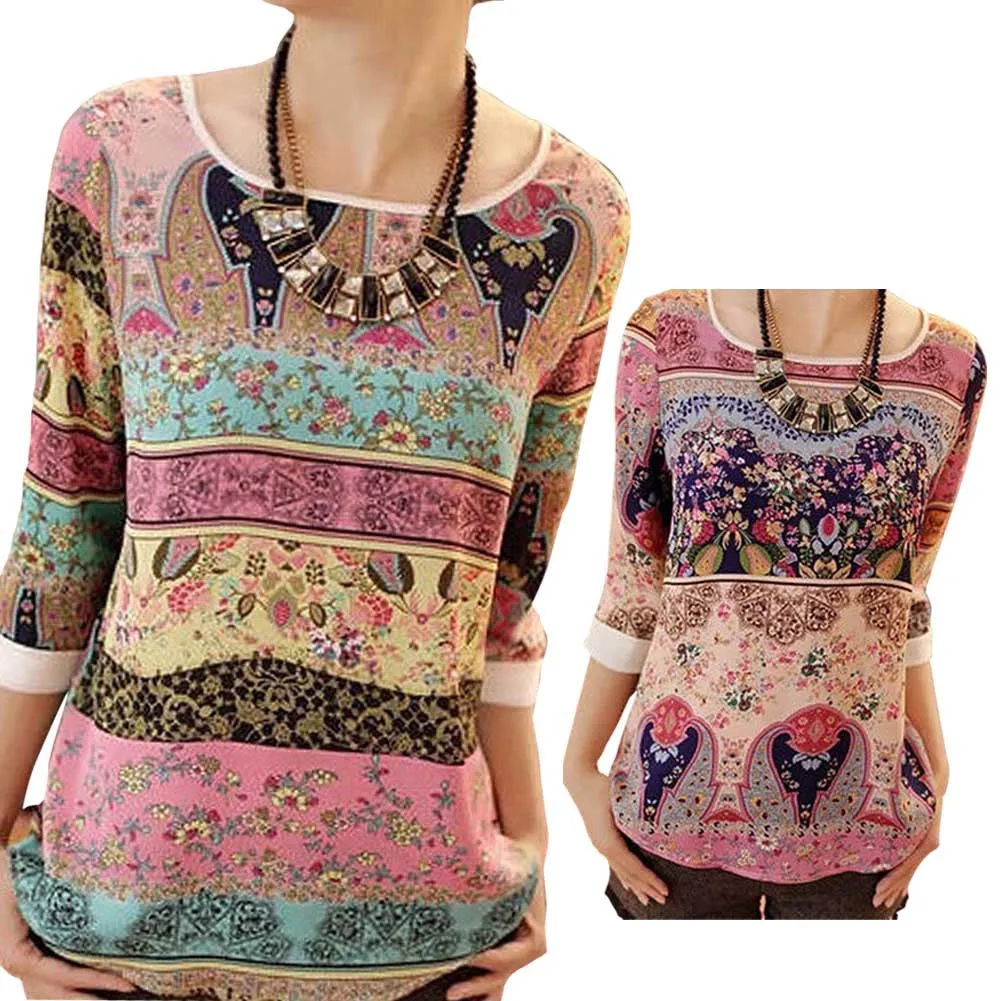 Lace Printing Three Quarter Puff Sleeves Round-neck Loose Tops Garment Summer Casual Wear For Women Ladies Blouses