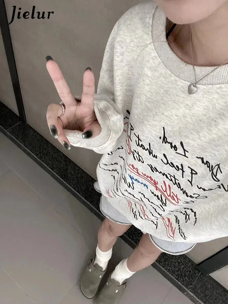 Loose O-neck Pullovers Chicly Letter Printing Warm Female Hoodies Basic Simple Casual Fashion Solid Color Women Hoodies